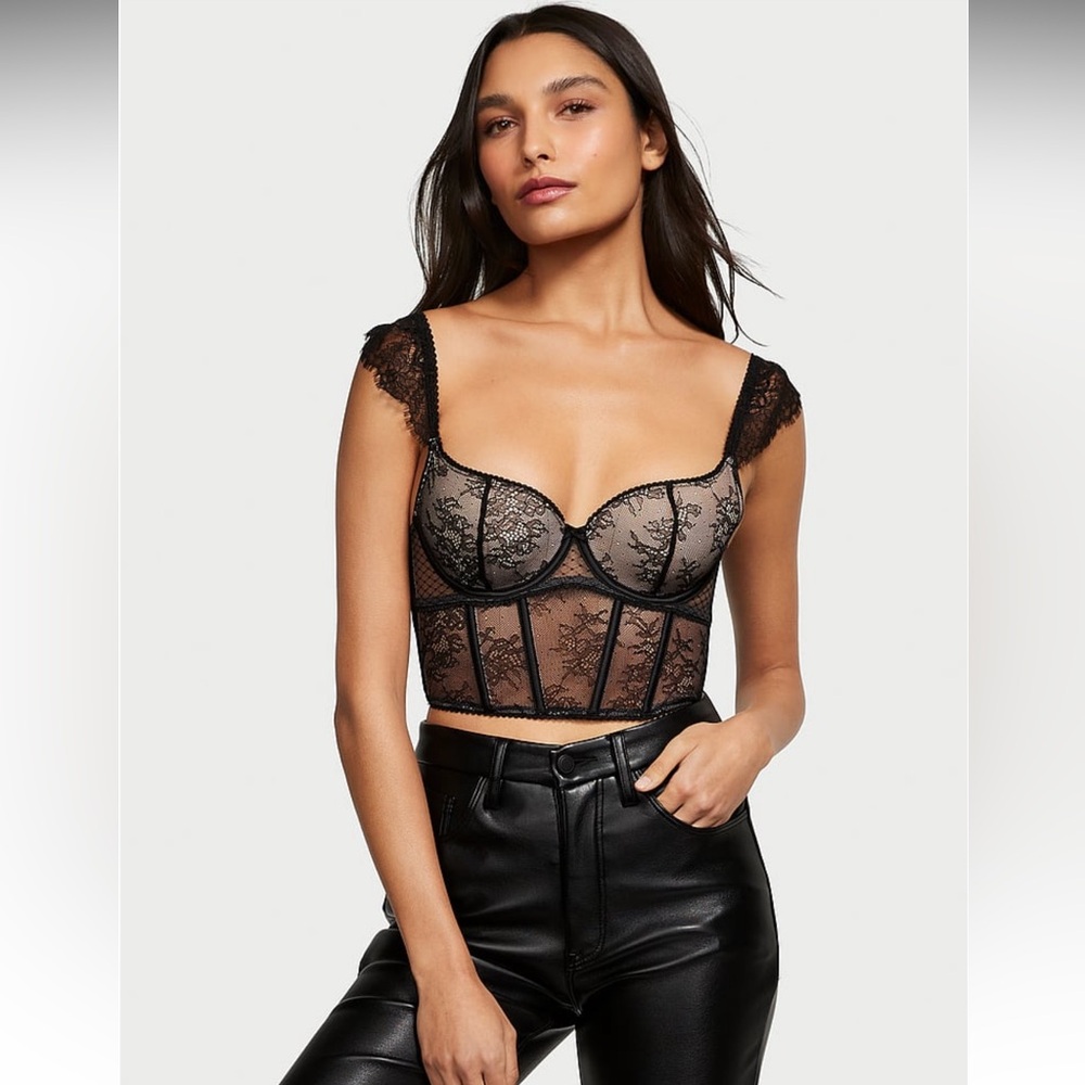 Victorias Secret Dream Angels Lace Cap-Sleeve Corset Top Black Purest Pink Small - Picture 5 of 10